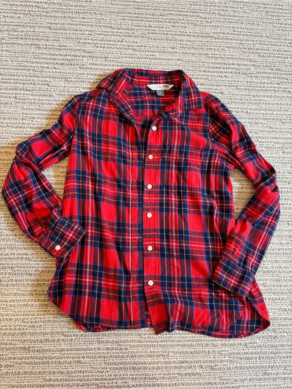 Old Navy Red Plaid Button-Down Shirt with Navy Accents